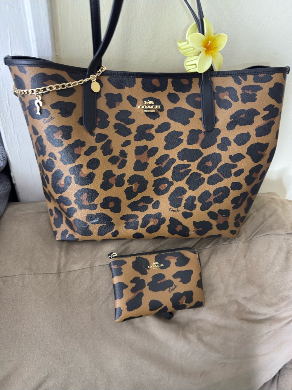 Coach Leopard-Print Tote with Matching Pouch — Brown & Black